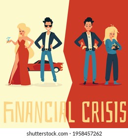 Gap between rich and poor people in result of financial crisis. Banner template with characters of wealthy and needy people, flat cartoon vector illustration.