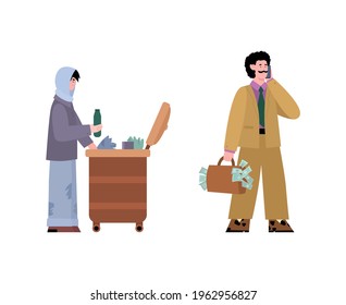 Brecha entre el concepto de gente rica y pobre con personajes de hombres de negocios y mendigos sin hogar, ilustración vectorial de dibujos planos aislados en fondo blanco.