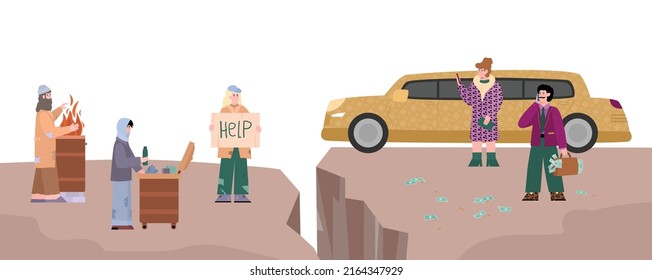 Gap between rich and poor segments of the population banner with people of different social groups, flat cartoon vector illustration. Poverty and wealth.