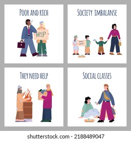 Gap Between Rich And Poor And Social Imbalance Banner Or Poster Collection With Cartoon Characters, Flat Vector Illustration. Division Of Society Into Classes.