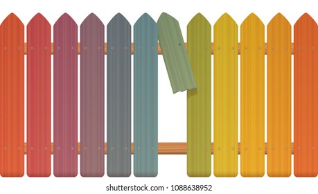 Gap in the fence - colored picket fence with broken plank and loophole to slip through, escape, flee, take off, break free, slip away, sidle off - isolated vector illustration on white background.