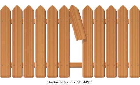 Gap in the fence - wooden textured picket fence with broken plank and loophole to slip through, escape, flee, take off, break free, slip away, sidle off - isolated vector illustration on white backgro