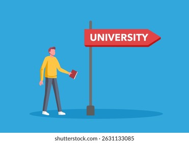 Gap year, learning life and searching motivation to achieve goal concept. High school graduate carrying backpack and meeting life choice road signs to fing which way to go.