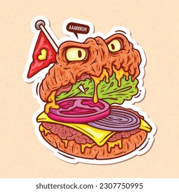 The Gaping Burger Hand Drawn Color Vector Doodle Illustration