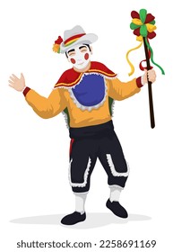 Garabato dancer with traditional costume for Barranquilla's Carnival: wand with hung ribbons, sunglasses, hat with ribbons and cayenne flower, yellow shirt, front bib, black trousers and cape.