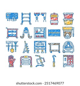 garage accessories tool service doodle icons set vector. sketch line art car mechanic, auto automotive, repair vehicle, shop maintenance, wrench garage accessories tool service color illustrations