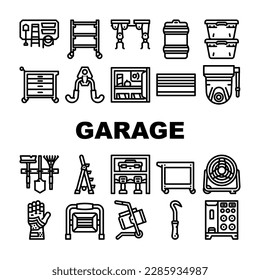 garage accessories tool service icons set vector. car mechanic, auto automotive, repair vehicle, shop maintenance, wrench garage accessories tool service black contour illustrations