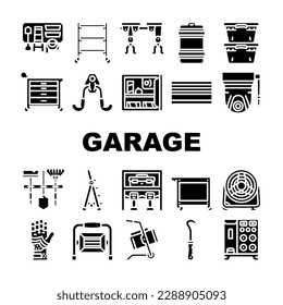 garage accessories tool service icons set vector. car mechanic, auto automotive, repair vehicle, shop maintenance, wrench garage accessories tool service glyph pictogram Illustrations