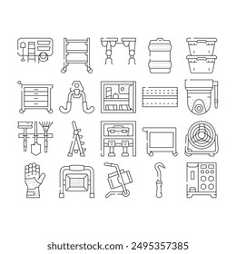 garage accessories tool service icons set vector. car mechanic, auto automotive, repair vehicle, shop maintenance, wrench garage accessories tool service black contour illustrations