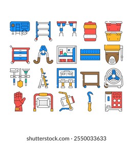 garage accessories tool service icons set vector. car mechanic, auto automotive, repair vehicle, shop maintenance, wrench garage accessories tool service color Contour Illustrations