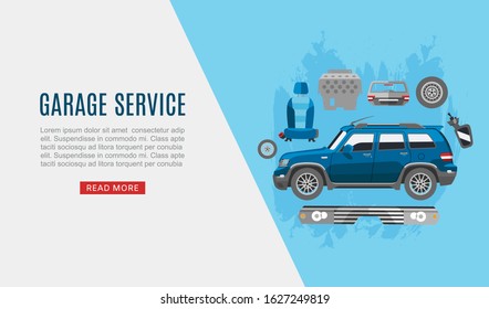 Garage auto service and car spares top view web vector template illustration. Auto diagnostics test service, protection insurance shop. Repair help. Garage auto cars service.