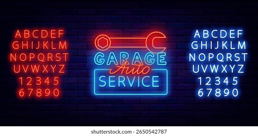 Garage auto service neon label. Car service. Adjustable wrench. Shiny blue red alphabet. Vector stock illustration