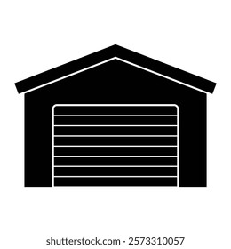 Garage with automatic gate vector icon. Ideal for architecture, residential design, or parking solutions. Black silhouette isolated on white background.