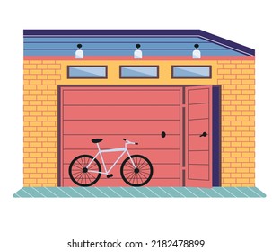 Garage With Automatic Gates And Bike. Vehicle Storage Space, Room With Bicycle Transport. Garage With Mechanical Or Automatic Control Door. Gates With Lifting Mechanism, Place For Automobile Parking