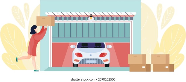 Garage with automatic gates and car. Vehicle storage space, room with automobile inside house. Woman stands near garage with opening door. Gates with lifting mechanism, place for automobile parking