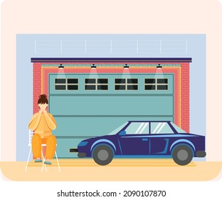 Garage with automatic gates and car. Vehicle storage space, room with automobile inside house. Woman stands near garage with opening door. Gates with lifting mechanism, place for automobile parking