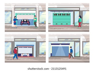 Garage with automatic gates and car. Vehicle storage space, room with automobile inside house. Woman stands near garage with opening door. Gates with lifting mechanism, place for automobile parking