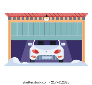 Garage with automatic gates and car. Vehicle storage space, room with automobile inside house. Garage with opening door vector illustration. Gates with lifting mechanism, place for automobile parking