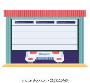 Garage with automatic gates and car. Vehicle storage space, room with automobile inside house. Garage with opening door vector illustration. Gates with lifting mechanism, place for automobile parking