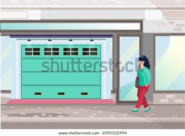 Garage with automatic gates and car. Vehicle\
storage space, room with automobile inside house. Woman stands near\
garage with opening door. Gates with lifting mechanism, place for\
automobile parking