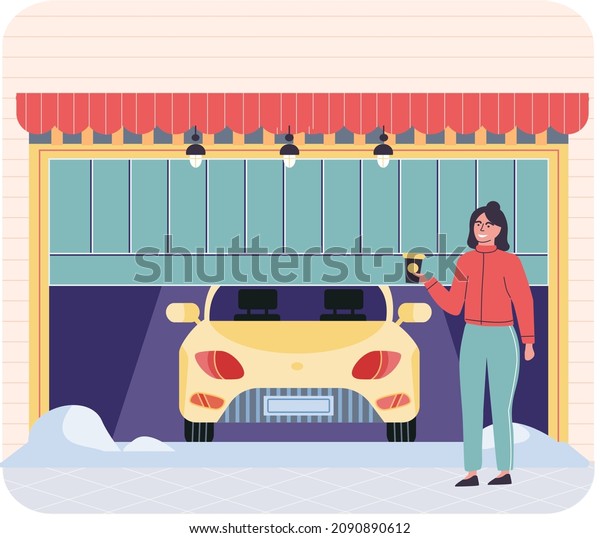Garage with automatic gates and car. Vehicle\
storage space, room with automobile inside house. Woman stands near\
garage with opening door. Gates with lifting mechanism, place for\
automobile parking