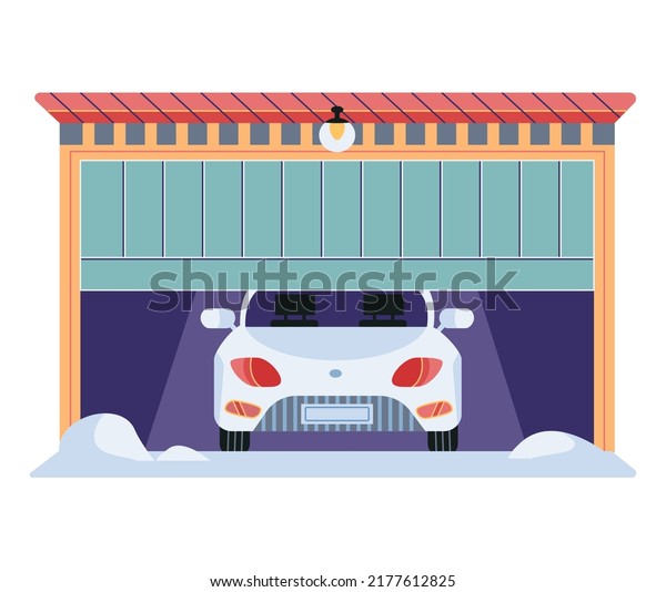 Garage with automatic gates and car. Vehicle\
storage space, room with automobile inside house. Garage with\
opening door vector illustration. Gates with lifting mechanism,\
place for automobile\
parking