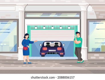 Garage with automatic gates. Couple discussing vehicle storage space, room for cars. Gates with lifting mechanism, place for automobile parking. People choose garage in modern residental building