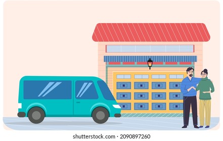 Garaje con puertas automáticas. Pareja discutiendo el espacio de almacenamiento de vehículos, espacio para autos. Puerta con mecanismo de elevación, lugar para estacionamiento para automóviles. La gente elige el garaje en el edificio residencial moderno