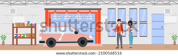 Garage with automatic gates. Couple discussing\
vehicle storage space, room for cars. Gates with lifting mechanism,\
place for automobile parking. People choose garage in modern\
residental building