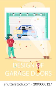 Garage mit automatischem Tordesign. Fahrzeugspeicher, Raum für Autos. Tore mit Hebevorrichtung, Platz für das Auto. Frauen, die im modernen Wohngebäude mit Garagentordesign arbeiten