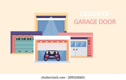 Garage with automatic gates design. Vehicle storage space, room for cars. Gates with lifting mechanism, place for automobile. working with design of garage doors in modern residental building