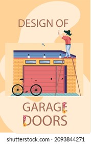 Garage with automatic gates design. Vehicle storage space, room for cars. Gates with lifting mechanism, place for automobile. Woman working with design of garage doors in modern residental building