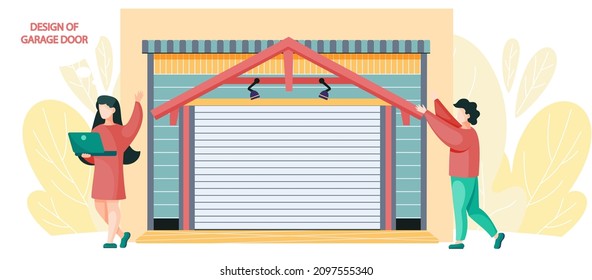 Garage with automatic gates design. Vehicle storage space, room for cars. Gates with lifting mechanism, place for automobile. Woman working with design of garage doors in modern residental building