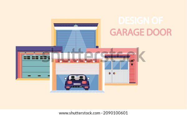 Garage with automatic gates design. Vehicle\
storage space, room for cars. Gates with lifting mechanism, place\
for automobile. working with design of garage doors in modern\
residental building