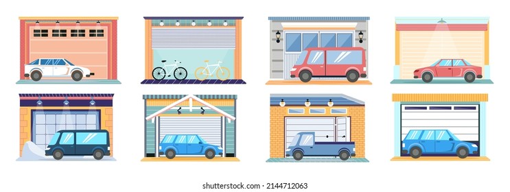 Garage with automatic gates inside house. Vehicle storage space, room for cars. Gates with lifting mechanism, place for automobile parking. Set of cars near garage in modern residental building