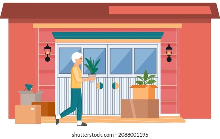 Garage with automatic gates. Gates with lifting mechanism, place for trash storing concept. Man is choosing garbage and rubbish storage place. Guy transporting old things and plants to garage