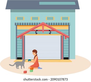 Garage With Automatic Gates. Gates With Lifting Mechanism, Place For Automobile Parking. Girl Playing With Cat Near Garage In Modern Residental Building. Child Shows Toys To Cat Sitting Next To Shed