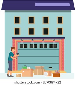Garage with automatic gates. Gates with lifting mechanism, place for automobile parking. Man chooses modern building to store things and boxes. Garbage and rubbish storage garage vector illustration