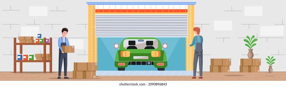 Garage with automatic gates. Gates with lifting mechanism, place for automobile parking. Man chooses modern building to store things and boxes. Garbage and rubbish storage garage vector illustration