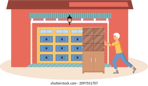 Garage with automatic gates. Gates with lifting mechanism, place for automobile parking. Man chooses modern building to store old furniture. Guy takes unnecessary closet to garage vector illustration