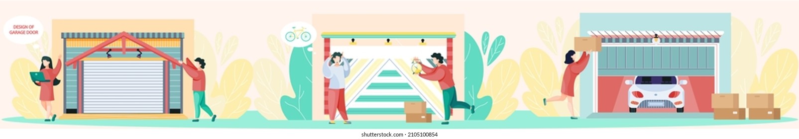 Garage with automatic gates. Gates with lifting mechanism, place for automobile parking. Man chooses modern building to store things and boxes. Garbage and rubbish storage garage vector illustration