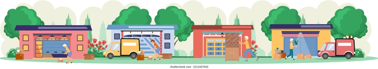 Garage with automatic gates. Gates with lifting mechanism, place for automobile parking. Man chooses modern building to store things and boxes. Garbage and rubbish storage garage vector illustration
