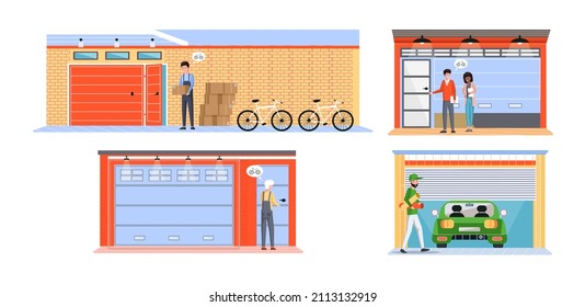 Garage with automatic gates. Gates with lifting mechanism, place for automobile parking. Man chooses modern building to store things and boxes. Garbage and rubbish storage garage vector illustration