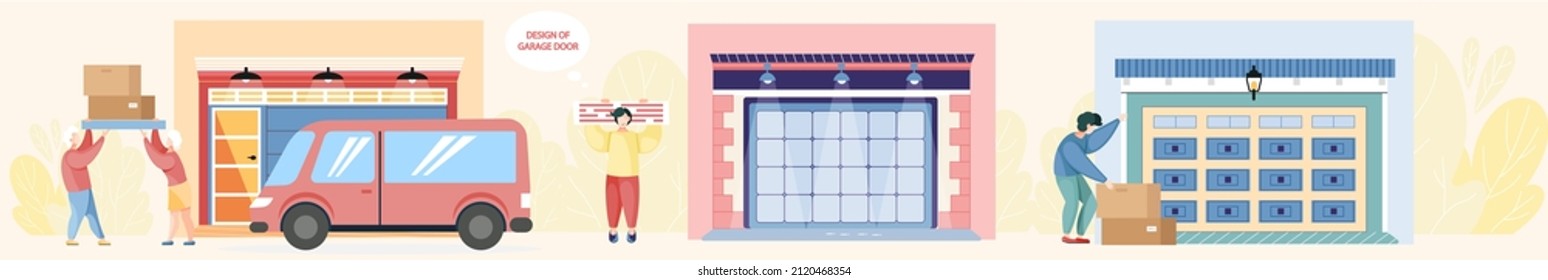Garage with automatic gates. Gates with lifting mechanism, place for automobile parking. Man chooses modern building to store things and boxes. Garbage and rubbish storage garage vector illustration