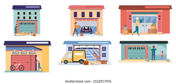 Garage with automatic gates. Gates with lifting mechanism, place for automobile parking. Man chooses modern building to store things and boxes. Garbage and rubbish storage garage vector illustration