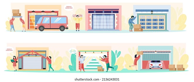 Garage with automatic gates. Gates with lifting mechanism, place for automobile parking. Man chooses modern building to store things and boxes. Garbage and rubbish storage garage vector illustration