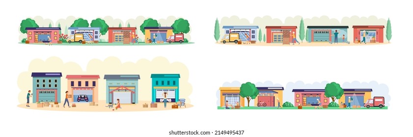 Garage with automatic gates. Gates with lifting mechanism, place for automobile parking. Man chooses modern building to store things and boxes. Garbage and rubbish storage garage vector illustration