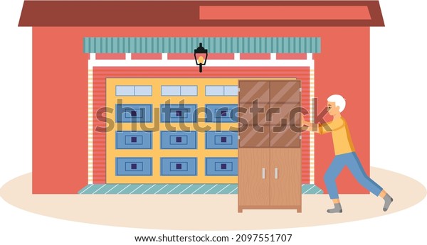 Garage with automatic gates. Gates with\
lifting mechanism, place for automobile parking. Man chooses modern\
building to store old furniture. Guy takes unnecessary closet to\
garage vector\
illustration