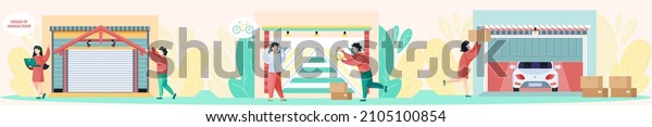 Garage with automatic gates. Gates with\
lifting mechanism, place for automobile parking. Man chooses modern\
building to store things and boxes. Garbage and rubbish storage\
garage vector\
illustration
