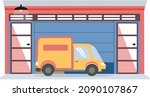 Garage with automatic gates. Vehicle storage space, room for freight transport inside house. Gates with lifting mechanism, place for automobile parking. Yellow truck near garage in modern building